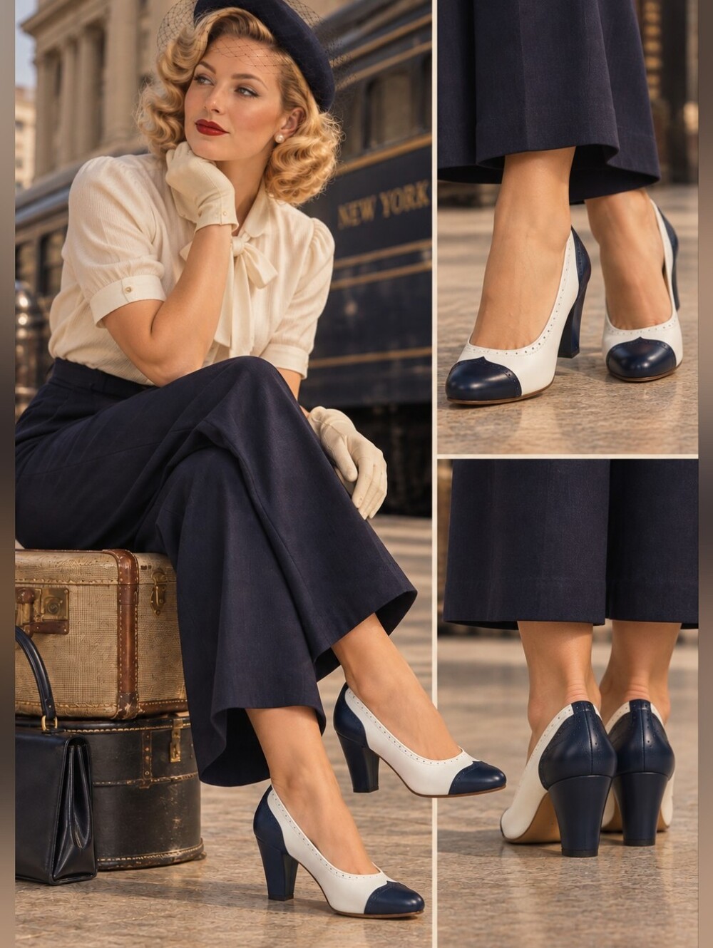 American Duchess Royal Vintage Navy Blue & White Peggy Spectator Pump, Size 10